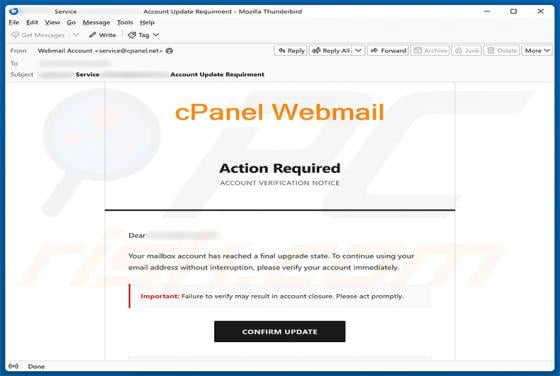 cPanel Final Account Upgrade State arnaque par e-mail