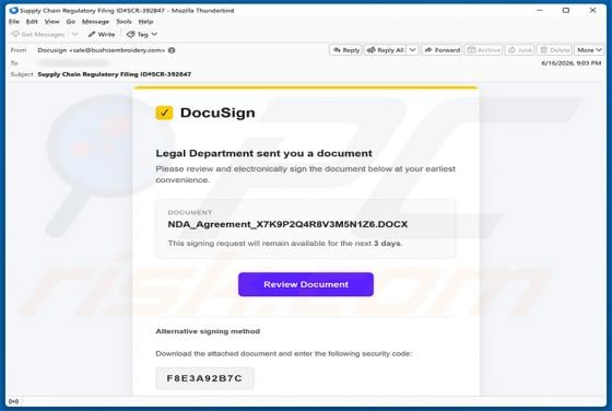 DocuSign - Legal Department Document virus par e-mail