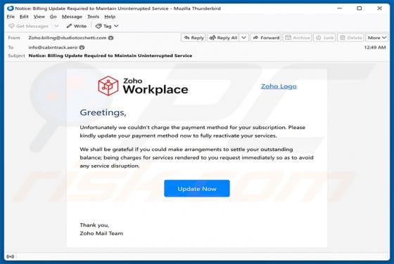 Zoho Workplace Payment Method Update arnaque par e-mail