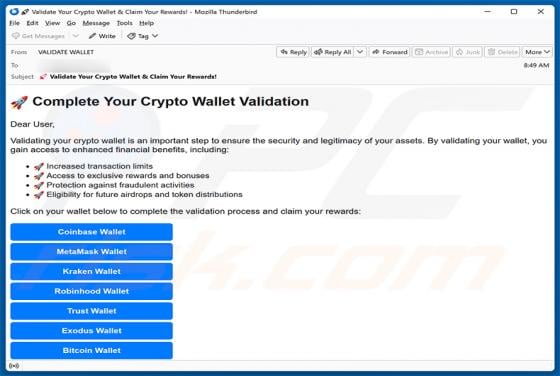 Crypto Wallet Validation arnaque par e-mail