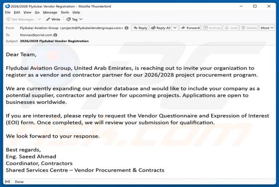 Flydubai Vendor Registration arnaque par e-mail