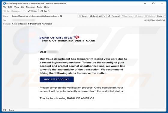 Bank Of America Card Locked arnaque par e-mail