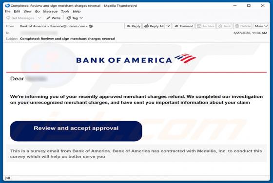 Bank Of America - Merchant Charges Refund arnaque par e-mail