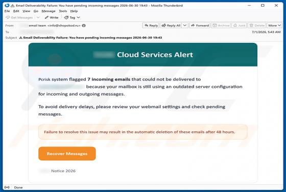 Cloud Services Alert arnaque par e-mail
