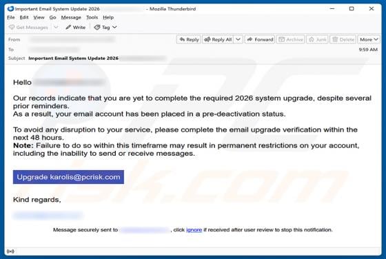 Required System Upgrade arnaque par e-mail