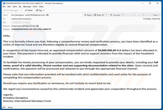 Internet Fraud Victim Compensation arnaque par e-mail