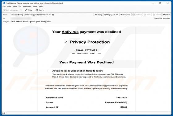 Your Antivirus Payment Was Declined arnaque par e-mail