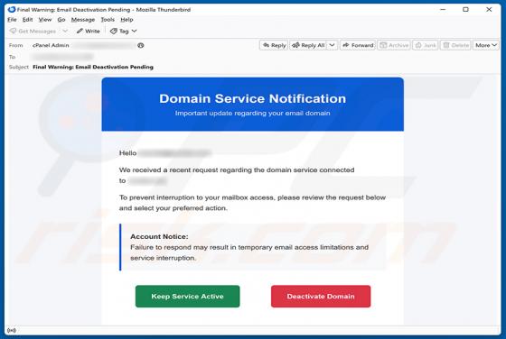Domain Service Deactivation arnaque par e-mail