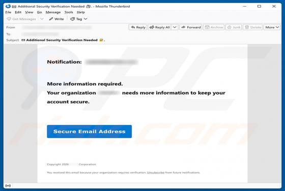 Organization Needs Information To Keep Account Secure arnaque par e-mail