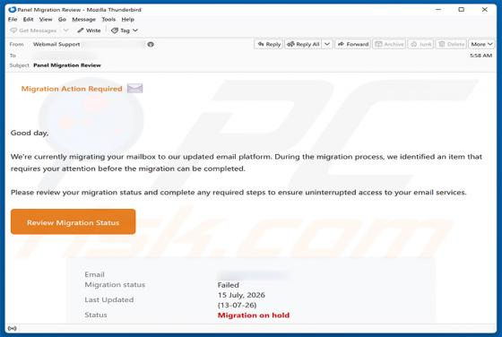 Migration Action Required arnaque par e-mail
