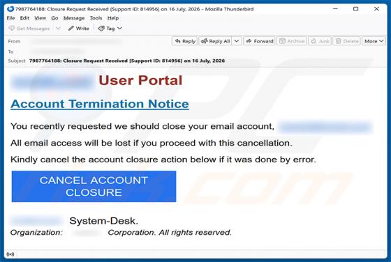 Account Termination Notice arnaque par e-mail