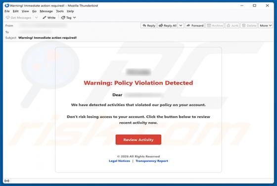 Policy Violation Detected arnaque par e-mail