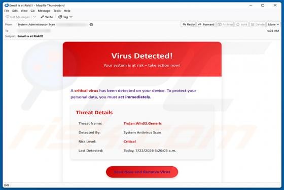 A Critical Virus Has Been Detected On Your Device arnaque par e-mail