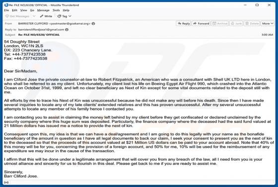 Assistance In Claiming The Money arnaque par e-mail