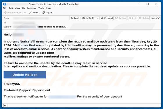 Complete The Required Mailbox Update arnaque par e-mail