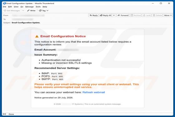 Email Configuration Notice arnaque
