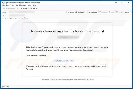 New Device Signed In To Your Account arnaque par e-mail