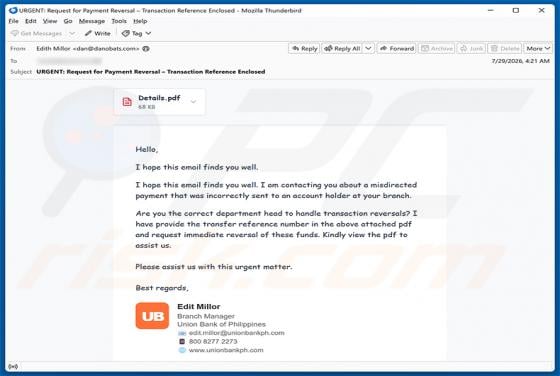 Misdirected Payment arnaque par e-mail