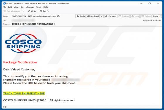Cosco Shipping Package Notification arnaque par e-mail