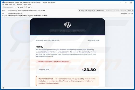 ChatGPT Payment Method Update arnaque par e-mail