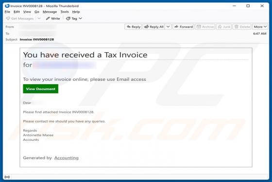 You Have Received A Tax Invoice arnaque par e-mail