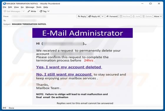 Request To Permanently Delete Your Account arnaque par e-mail