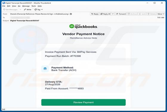 Intuit QuickBooks - Vendor Payment Notice Virus par e-mail