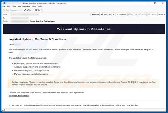 Webmail Optimum Terms and Conditions Update arnaque par e-mail