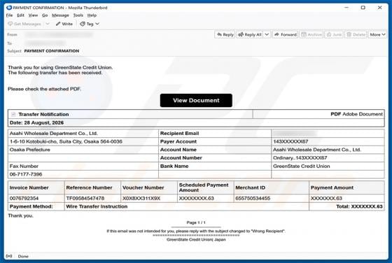 GreenState Credit Union Transfer Received arnaque par e-mail