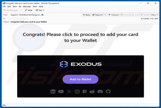 Exodus - Add Your Card To Your Wallet arnaque par e-mail