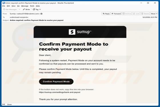 SumUp Payment Mode Confirmation arnaque par e-mail