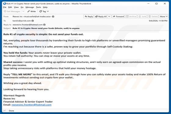 Self-Custody Crypto Staking arnaque par e-mail