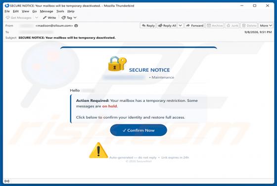 Secure Notice - Mailbox Has A temporary Restriction arnaque par e-mail