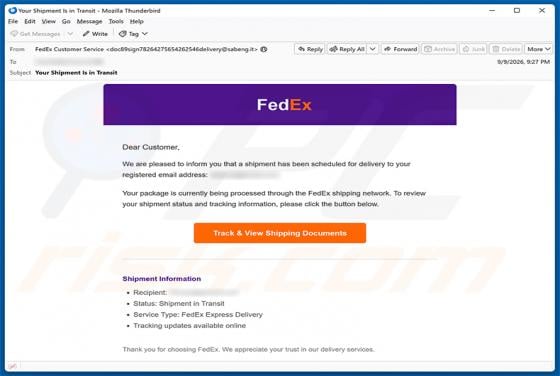 FedEx Shipment Scheduled For Delivery arnaque par e-mail