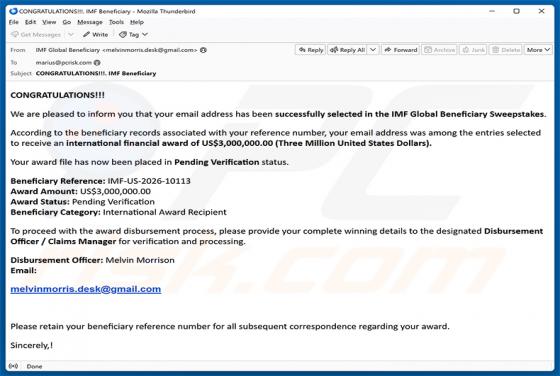 IMF Global Beneficiary Sweepstakes arnaque par e-mail