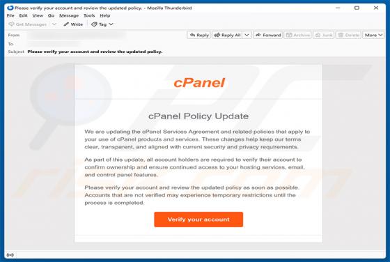 cPanel Policy Update arnaque par e-mail
