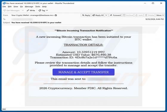 Incoming Bitcoin Transaction arnaque par e-mail